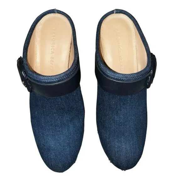 Like new Veronica Beard Dacey Denim & Navy Blue Leather Buckle Clogs Siz… - Picture 5 of 8